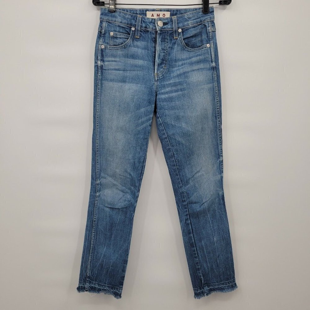 Amo Women Blue Babe 9" High Rise Cropped Raw Hem Button Fly Jeans Size 26